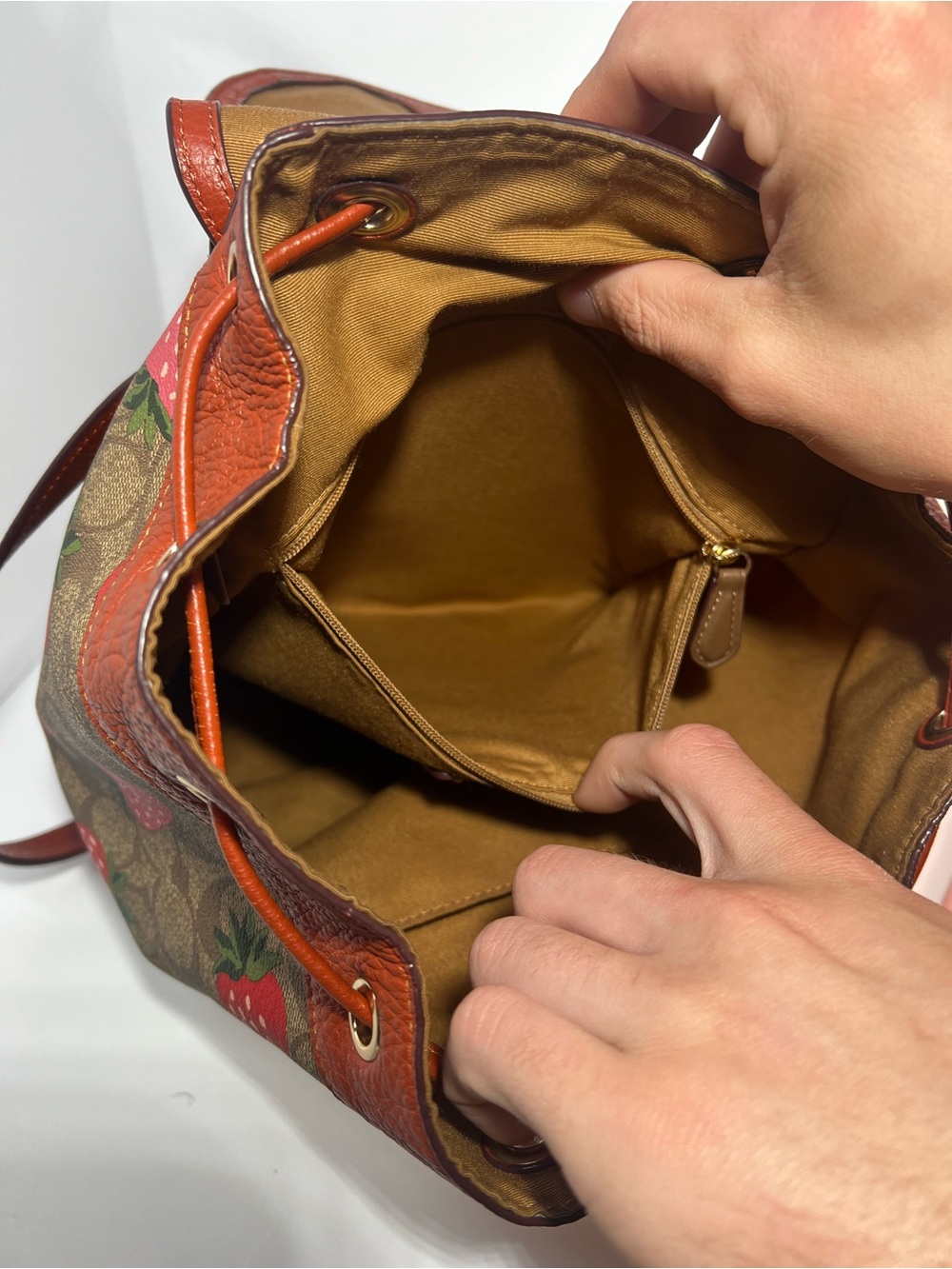 Coach Strawberry Print Signature Backpack with Wallet & Card Case - Red/Tan - Picture 6 of 16